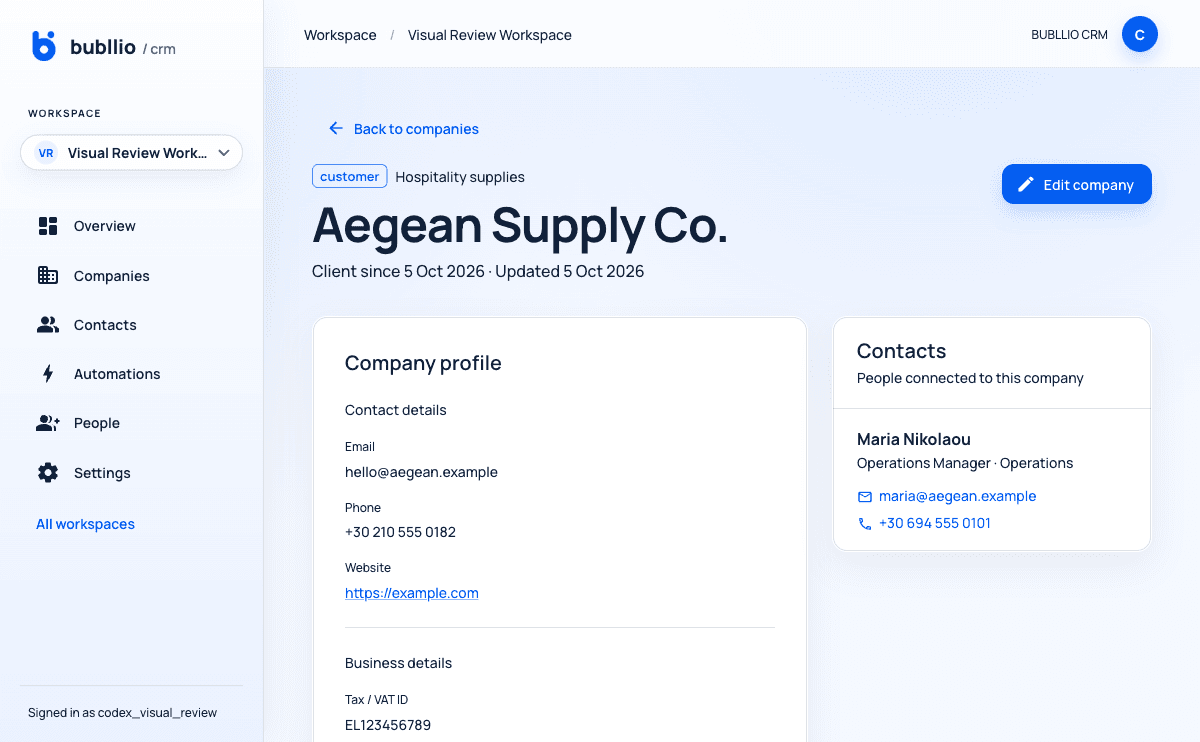 Bubllio company profile showing customer details and connected contacts