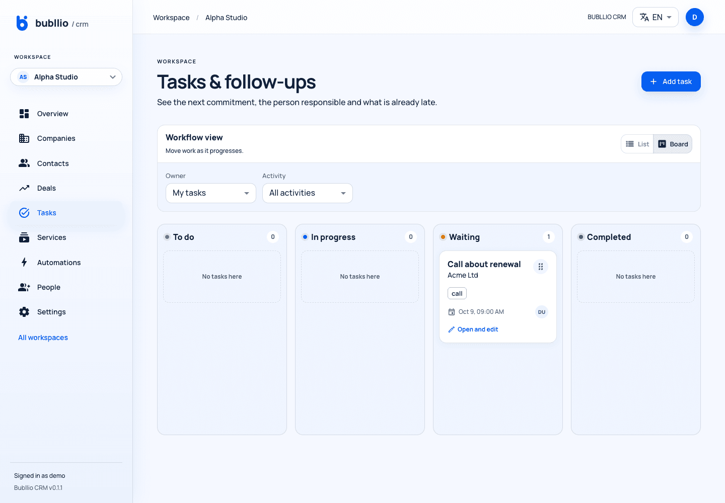Bubllio task board with customer follow-ups organized by workflow state